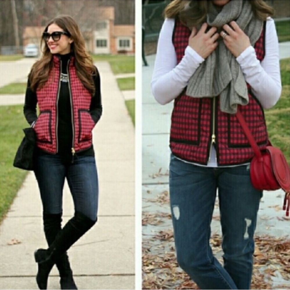J. Crew Women’s Red Black Buffalo Plaid Quilted Puffer Pockets Zipper Vest XS